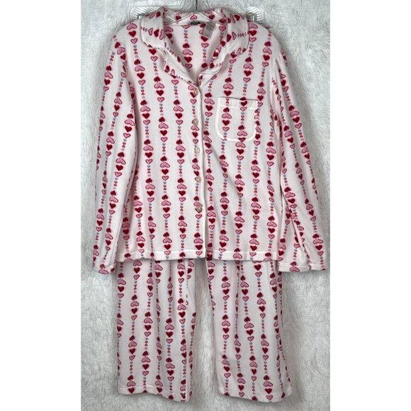 adonna Large 2 Piece Long Sleeve Pajama Set White Red Pink Hearts Valentine - Picture 1 of 7